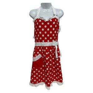 Disney Parks Red White Polka Dot Apron Ruffle Trim Pocket Adult Size Minnie
